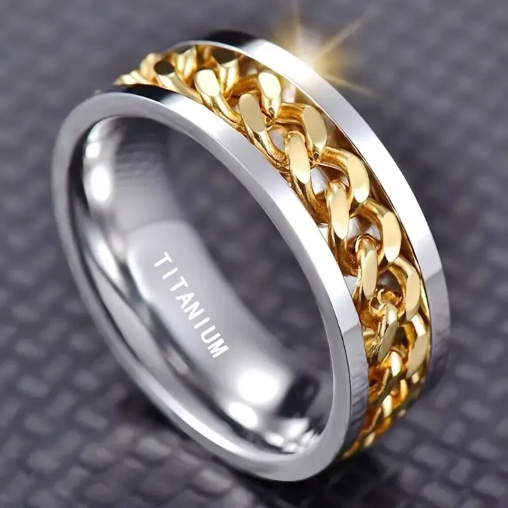 Titanium & Alloy Men's Statement Ring Silver with Gold Spinner Chain Band